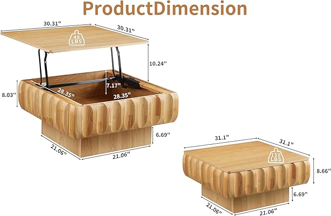 LKTART 31" Lift Top Coffee Table for Living Room, Fluted Coffee Table with Hidden Storage, Mid Century Modern Solid Wood Veneer Square Center Table for Office Apartment Small Space, Natural