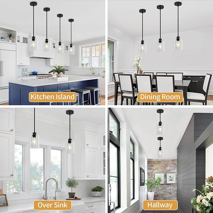Glass Pendant Lights Kitchen Island 2 Pack, Modern Pendant Lighting Over Island Black Farmhouse Kitchen Hanging Light Fixtures Adjustable Mini Chandeliers for Hallway Entryway Bedroom Dining Room