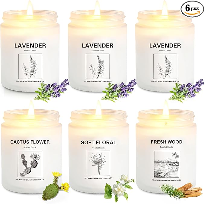 6 Pack Large 9 oz Natural Soy Wax Scented Candles- Lavender, Cactus Flower, Soft Floral & Fresh Wood- Long Lasting Aromatherapy Candle Gift Set for Home Relaxation, Christmas & Holiday Gifts for Women