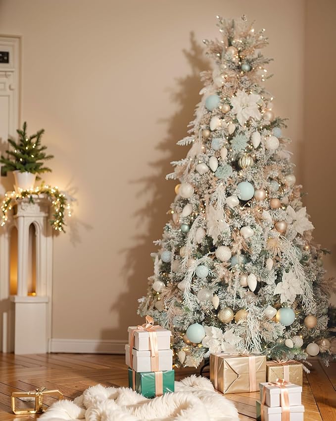 6FT Pre-lit Snow Flocked Christmas Tree Spruce with Remote Control, 350 Warm White Multi-Color Lights, Artificial Hinged/Feel Real/Realistic for Home, Holiday Decoration Dual Color LED