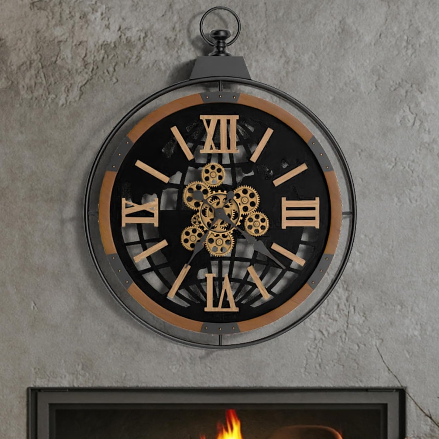 Driini 30 Inch Large Rustic Farmhouse Gear Clock with Moving Gears – Vintage Oversized Wall Clock with Iron Frame – Giant Industrial Steampunk Wall Clock for Living Room Décor (Walnut)