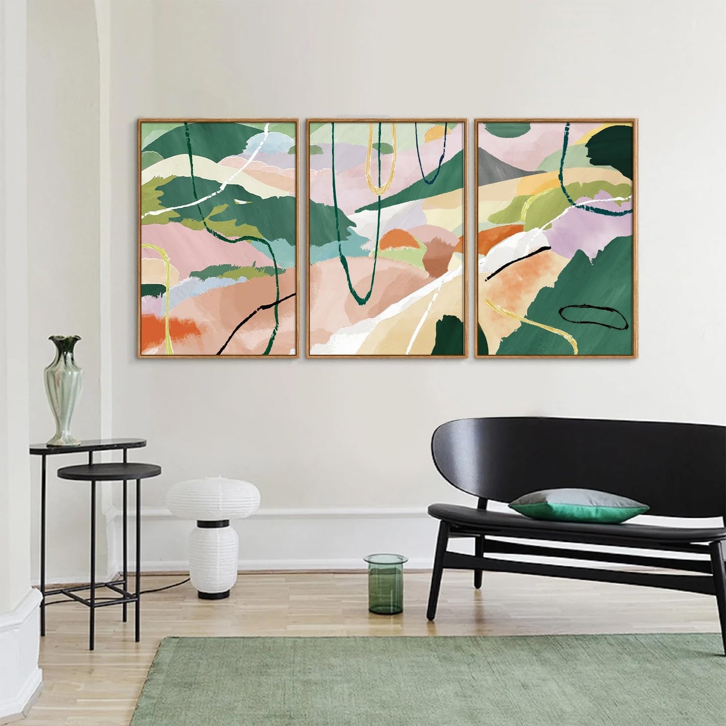 Tinonedraw Colorful Abstract Framed Canvas Wall Art Set, 3 Panel Green Pink Girly Oils Inks Artwork, Three Pieces Neutral Modern Minimalist Wall Decor for Living Room Bedroom Office 24"x36"x3