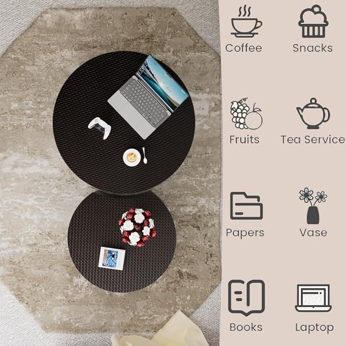Nesting Coffee Table Set of 2 Modern Round Coffee Table with Hidden Storage Round Side Table Drum Accent End Tables for Living Room, Bedroom (Black)