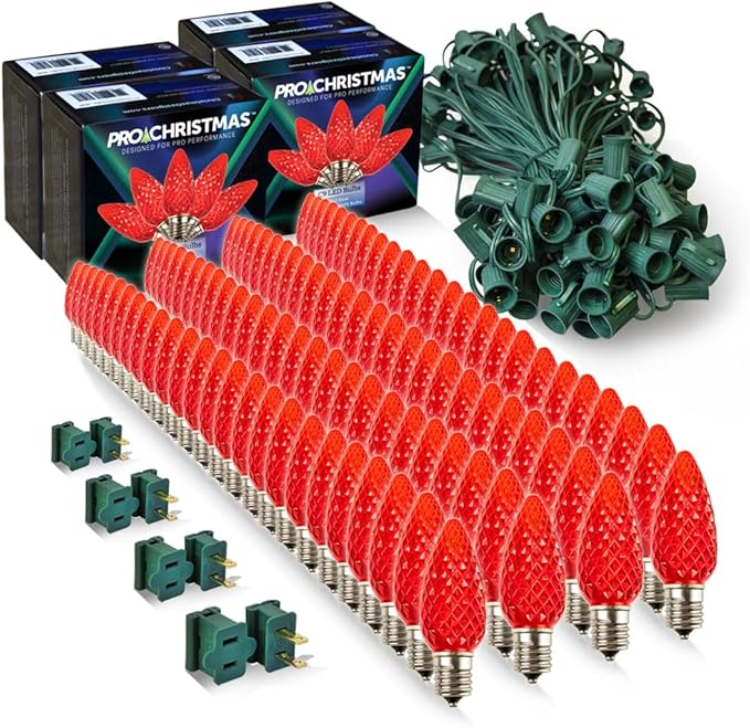 Pro Christmas C9 LED Christmas Light Kit for Rooflines & Pathways – DIY Cut to Length, Outdoor Commercial Grade (Green Wire w/Vampire Plugs, 100 Bulbs, 100 ft) Red