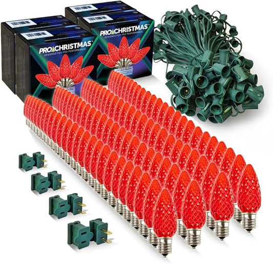 Pro Christmas C9 LED Christmas Light Kit for Rooflines & Pathways – DIY Cut to Length, Outdoor Commercial Grade (Green Wire w/Vampire Plugs, 100 Bulbs, 100 ft) Red