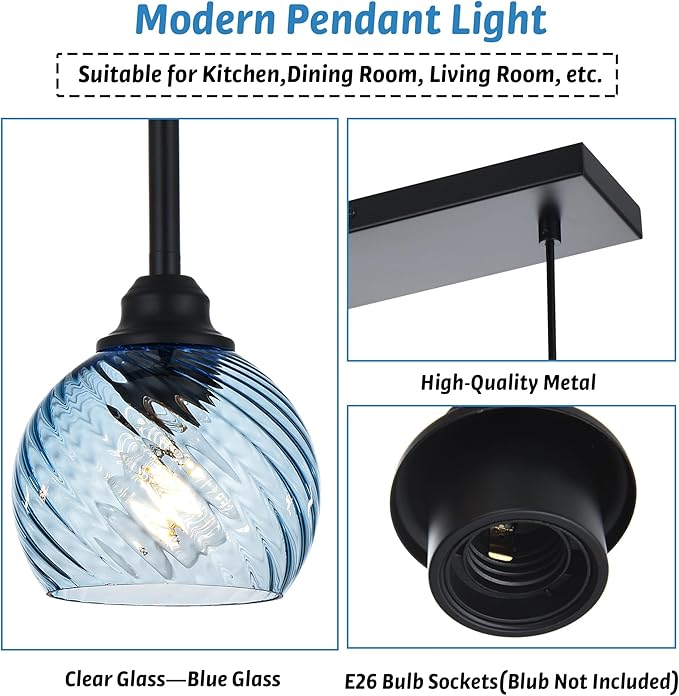 5 Light Island Lighting Fixtures Hanging with Blue Striped Swirl Globe Glass, Black Linear Hanging Pendant Light Fixture Farmhouse Chandelier for Dining Room Bar Living Room