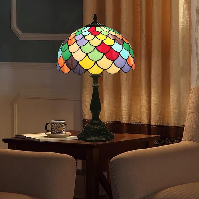 C,Baroque lamp 12 Inches Tiffany Style Stained Glass lamp Vintage Table Lamp for Desk Bedroom, Bedside und Reading Desk Light, LED Bulb Included