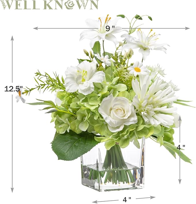 Artificial Flowers in Vase with Fake Water, 12.5" Realistic Silk Rose Peony Lily Faux Floral Arrangements with Glass Vase for Office Home Dinning Table Birthday Party Wedding Decor - White & Green