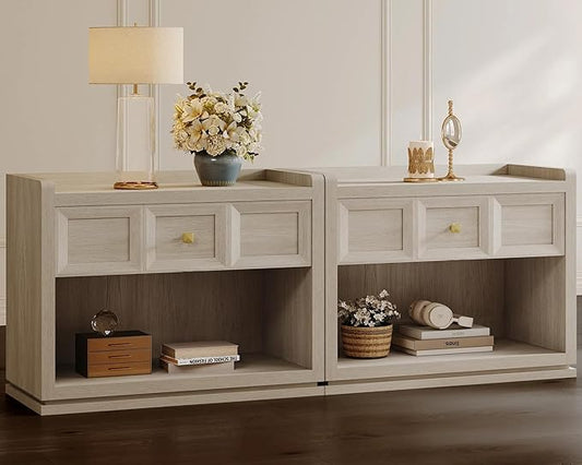 SICOTAS 31" Wide Nightstands Set of 2, Large Night Stands with Drawer, Oversized King Size Nightstand Bedside Table for Bedroom, Farmhouse End Side Table Set of 2 with Round Corners,Grey White Oak