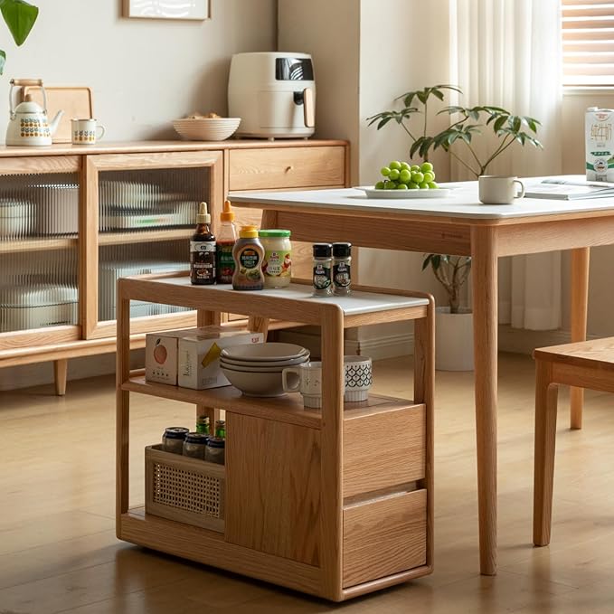 100% Solid Wood Side Table with Wheels, Narrow Side Table with Storage Drawers, Rolling Bedside Table for Bedroom Living Room Space Saving (Natural, 11.81" D x 26.77" W x 23.23" H)