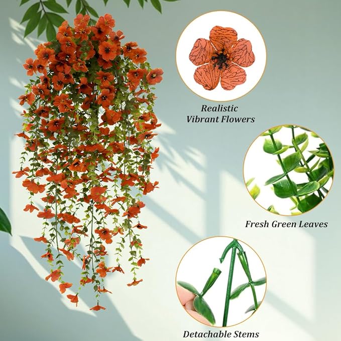 EROCK Artificial Flowers for Outdoors, 4PCS Fake Silk Hanging Flowers for Decoration UV & Fading Resistant, Realistic Faux Plants & Flowers for Porch Patio Balcony Window Box Home Decor (Orange)