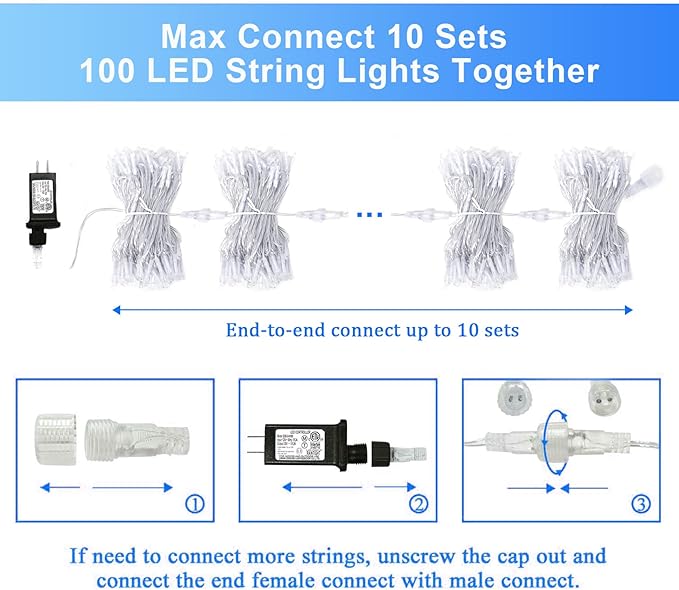 JMEXSUSS 2 Pack 100 LED White Christmas Lights Indoor, 33ft 8 Modes White String Lights Indoor Outdoor Connectable, Clear Wire Christmas String Lights for Bedroom Tree Xmas House Party Decorations