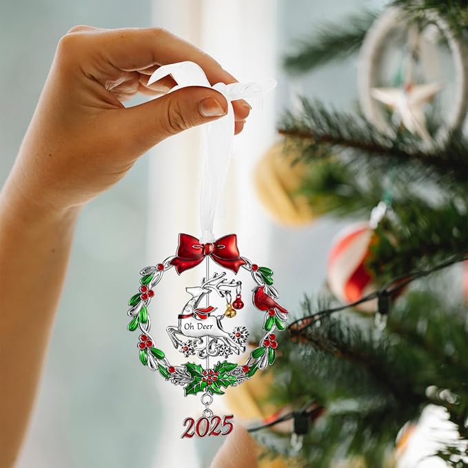 Christmas Tree Ornament Metal Silver Hanging Rotatable Design Charm Holiday Decorative Pendant Gift Keepsake (2025 Deer)