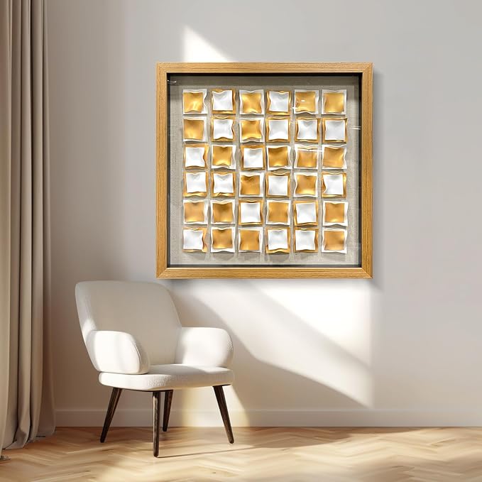BrightA Gold and White Geometric Wall Sculpture Reflective 3D Textured Panels Brushed Metal Texture with Wave Modern Framed Abstract Art for Bedroom Office Decor 23.6"x23.6"