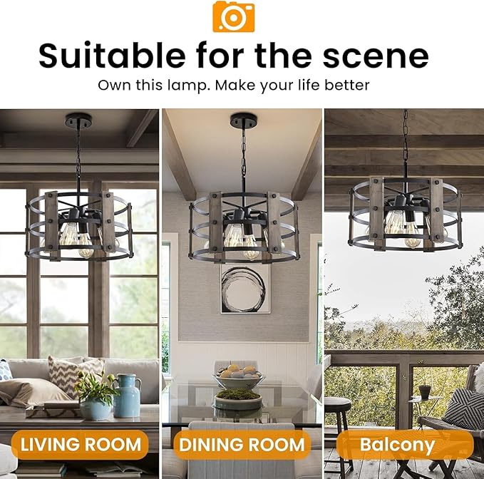 Rustic Farmhouse Chandelier, 4 Lights Pendant Lights Fixture, Adjustable Height, Grey Vintage Wood Hanging Pendant Lighting for Entryway Kitchen Island Foyer Dining Room Living Room Bedroom