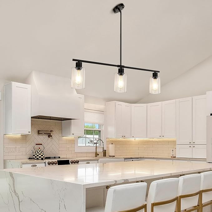Kitchen Island Lighting, 3 Lights Linear Black Chandelier Light Fixture with Glass Shade, Industrial Kitchen Pendant Lighting Over Island, Modern Farmhouse Chandelier for Dining Room
