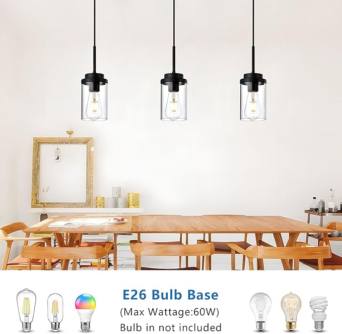 MELUCEE 3 Pack Hanging Pendant Lighting Fixtures Black, Adjustable Hanging Ceiling Lamp with Clear Glass Shade, Modern Pendant Light for Kitchen Island Dining Room Bedroom Hallway