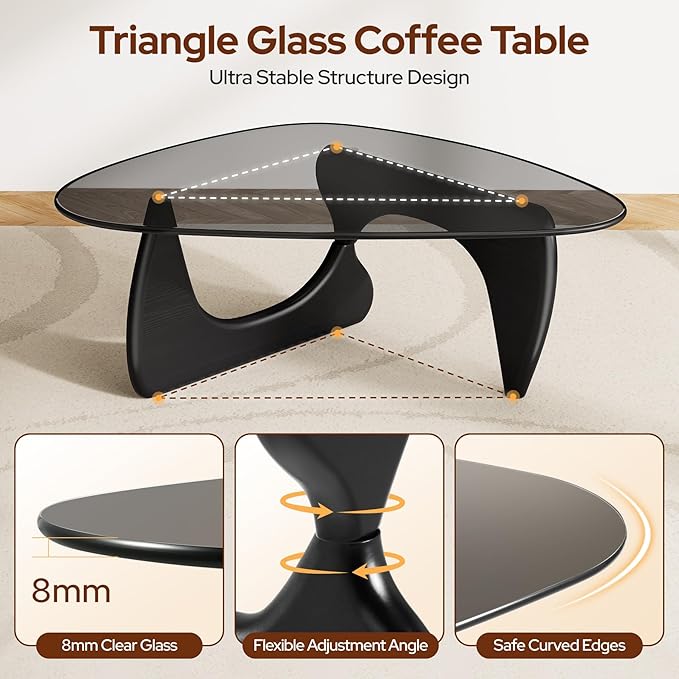 Modern Glass Coffee Table, Mid Century Triangle Coffee Table for Living Room Bedroom Reception Office Tables