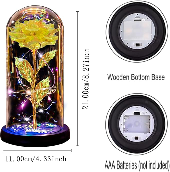 Christmas Rose Gifts for Women Mom, Womens gifts for Christmas, Glass Flower Gifts for Sister, Rose Enchanted Crystal Flower Gift Light Up in Glass Dome,Birthday Gift for Women Wife Yellow Gold