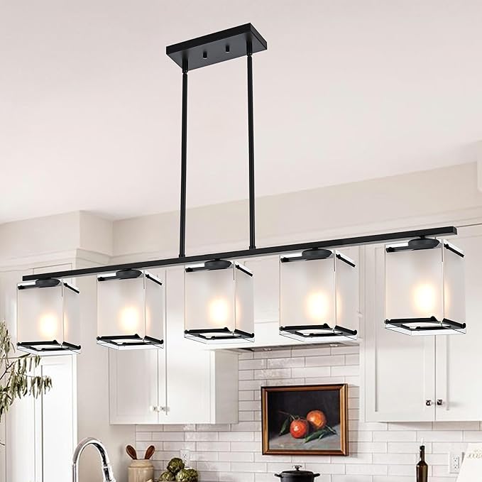 5-Light Blcak Chandeliers for Dining Room, Modern Kitchen Island Lighting with Frosted Glass Shade Linear Pendant Lighting for Dining Table Kitchen Island, Adjustable Height