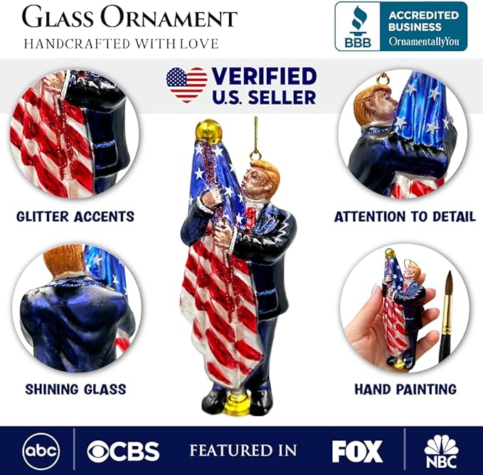 Donald Trump Kissing The American Flag Glass Christmas Ornament, United States President