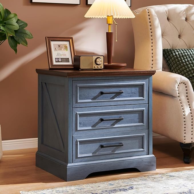 JXQTLINGMU Farmhouse End Table, 22 Inch Wide Nightstand with Drawers, Modern Side Table with Charging Station for Living Room, Blue