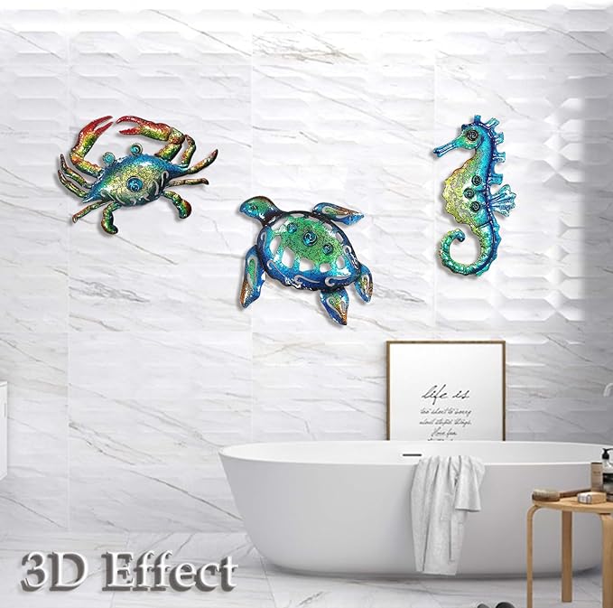 Weibefee Metal Sea Turtle Seahorse Crab Beach Themed Bathroom Wall Art Christmas Decor, Ocean Themed Wall Christmas Decorations Gift for Home Bathroom,10 Inch, Set of 3…