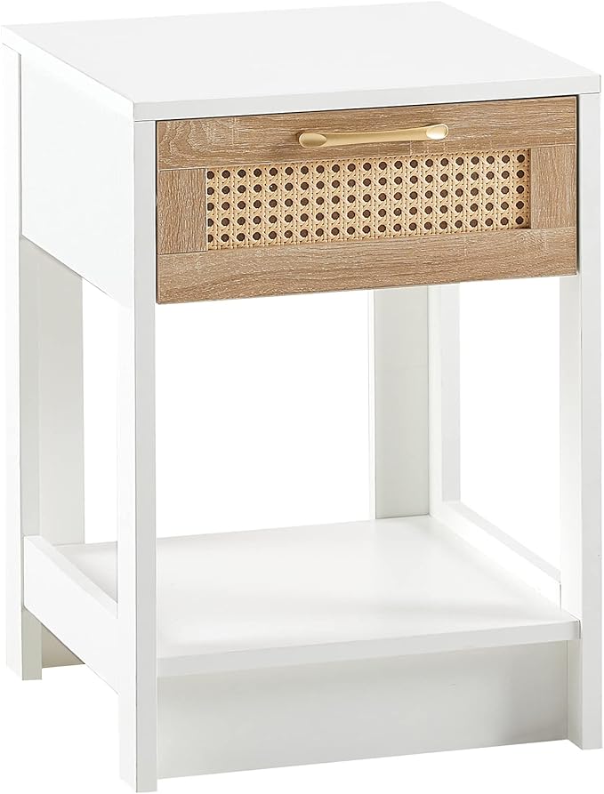 Rattan Nightstand - Wooden Boho End Table with Storage Drawer and Opening Shelf, Bedside Tables Bed Side Table Accent Table for Living Room, Bedroom Small Space