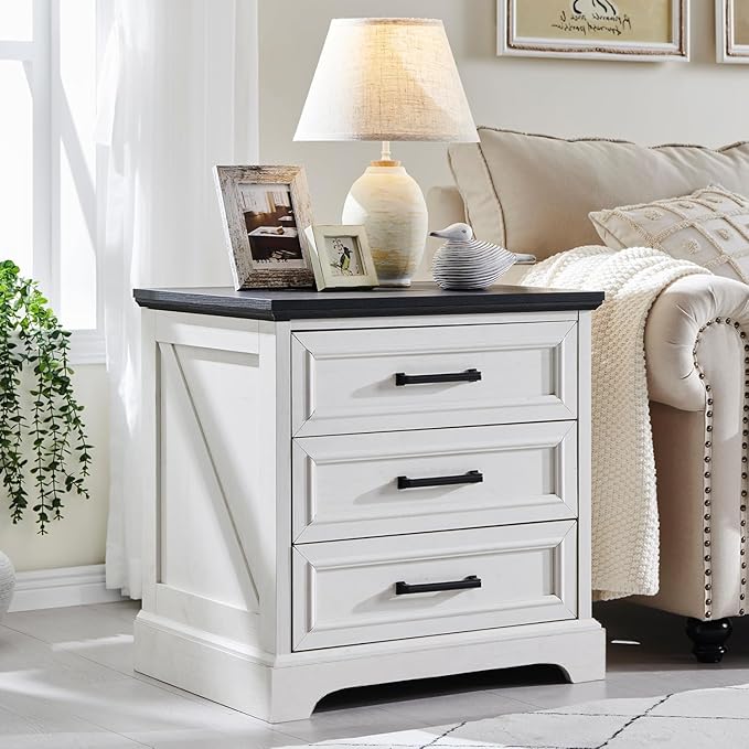 JXQTLINGMU Farmhouse End Table, 22 Inch Wide Nightstand with Drawers, Modern Side Table with Charging Station for Living Room, Off White