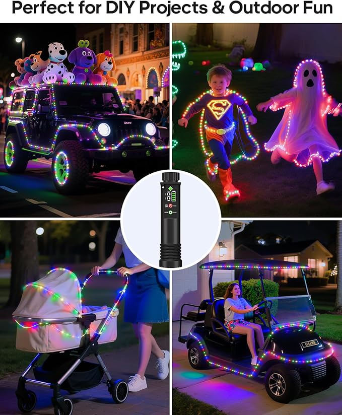 Rechargeable Rope Lights, Outdoor Waterproof String Lights with 1200mah Portable Rechargeable Battery, Timing & 8 Modes for Party Christmas Camping DIY Tree Trampoline (Multi-Colored, 39FT)