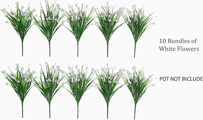 Plastic Artificial Flowers 10 Bundles Outdoor Artificial Fake Flowers Faux Plastic Shrubs Plants No Fade for Outdoor Porch Farmhouse White