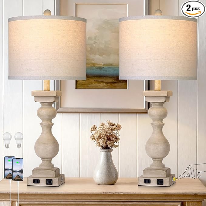 28" Tall Farmhouse Table Lamps Set of 2 with USB C+A Ports and AC Outlet, 3 Way Touch Tall Rustic Bedside Lamps for Living Room, Beige Vintage Lamps for Bedroom
