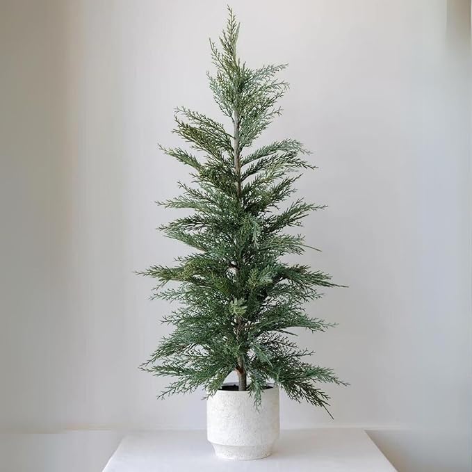 CG Hunter Holiday Collection, Set-of-1 Faux Evergreen Cedar Trees, Premium Artificial Indoor Cedar Tree Stands 36" Tall in Creme Pot–Perfect Christmas Decoration