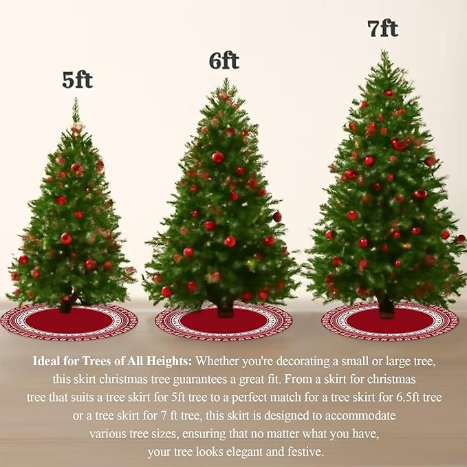 Christmas Tree Skirt 48 Inches | Red Xmas Tree Skirt with Rustic Snowflake & Reindeer Pattern, Fits 5 to 7 Foot Trees, Perfect Christmas Decorations for Holiday Trees.