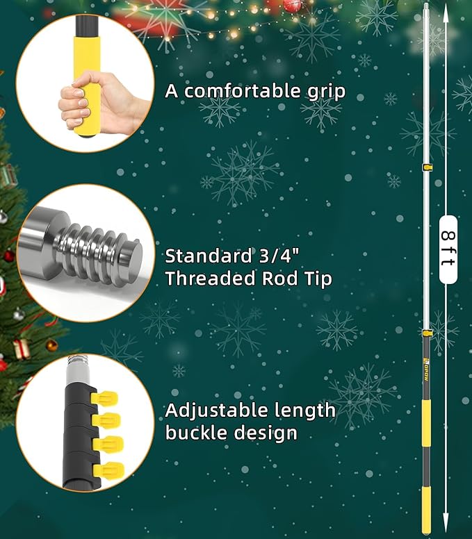 12FT Extension Pole with Utility Hook, Christmas Light Hanger Tool Attachment Screw On Pole Attachment Fits on 3/4 inch Acme Thread for Multi-Purpose Light Installation, String Lights, Birdfeeder