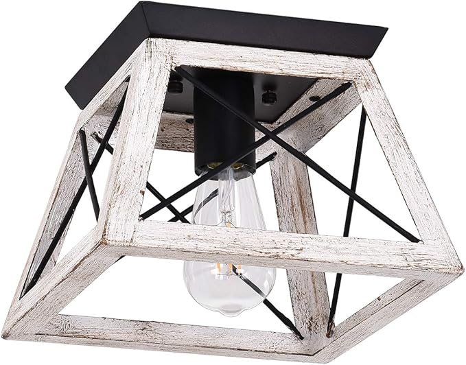 Luupyia Farmhouse Ceiling Light Fixture Semi Flush Mount, One-Light Square Farmhouse Chandelier Lighting, Rustic Island Overhead Fixtures for Dining Room Entryway Living Room Beige