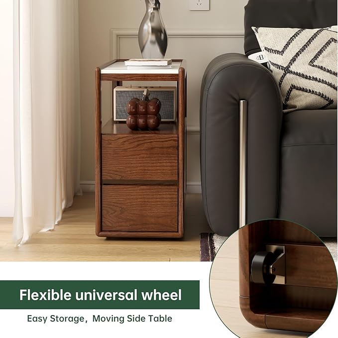 100% Solid Wood Side Table with Wheels, Narrow Side Table with Storage Drawers, Rolling Bedside Table for Bedroom Living Room Space Saving (Walnut, 11.81" D x 26.77" W x 23.23" H)