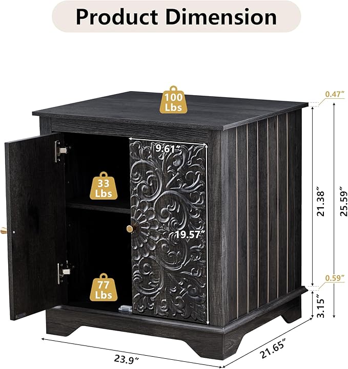 End Table Set of 2, 24" Farmhouse Nightstand with Carved Floral Door & Adjustable Shelf, Square Wooden Sofa Side Table with Storage for Living Room Bedroom (Antique Black-Brown)