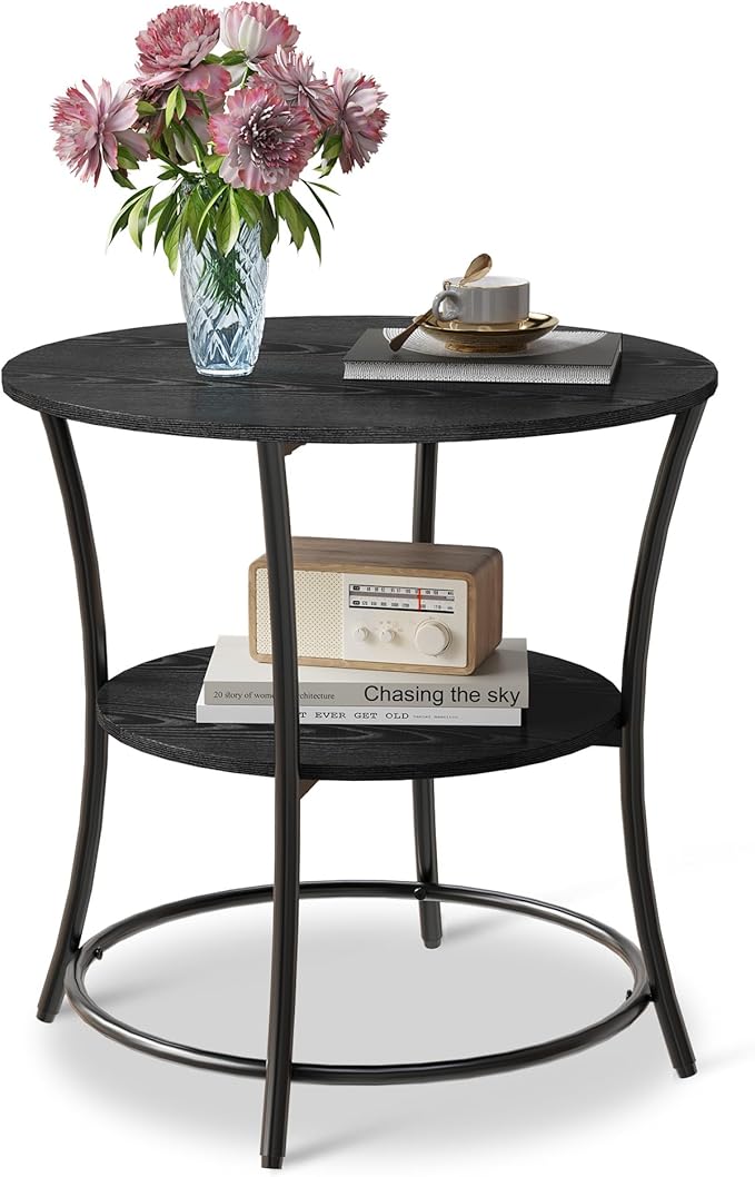 WLIVE Side Table, Round End Table with 2 Storage Shelves for Living Room, Bedroom, Nightstand with Steel Frame for Small Spaces, Accent Coffee Table, Black