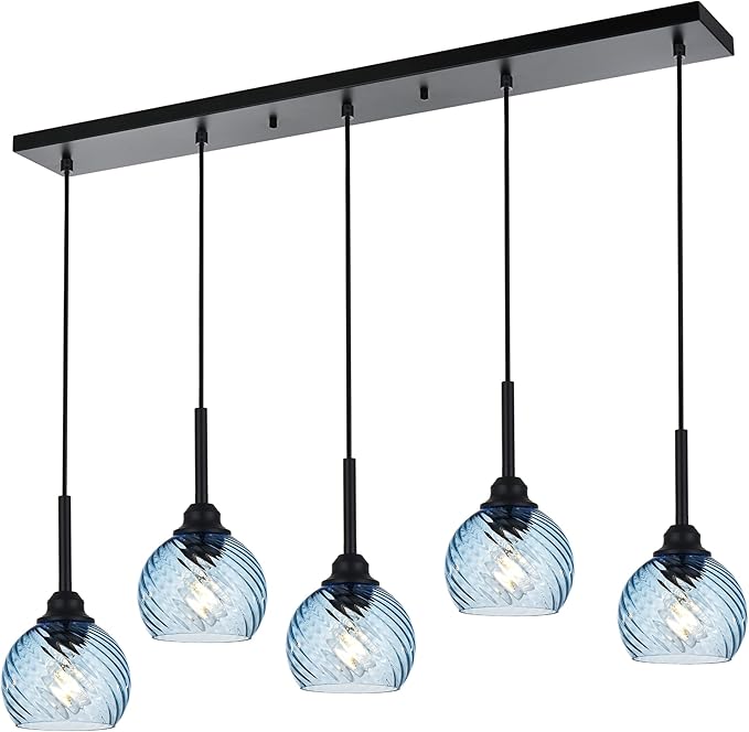 5 Light Island Lighting Fixtures Hanging with Blue Striped Swirl Globe Glass, Black Linear Hanging Pendant Light Fixture Farmhouse Chandelier for Dining Room Bar Living Room