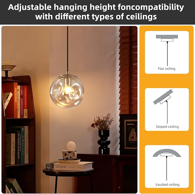 Modern Amber Concave Glass Pendant Light, Kitchen Island Lighting Single Globe Pendant Light Fixtures Century Kitchen Island Pendant Lighting for Bedroom Living Dining Room Light （Without Bulb）