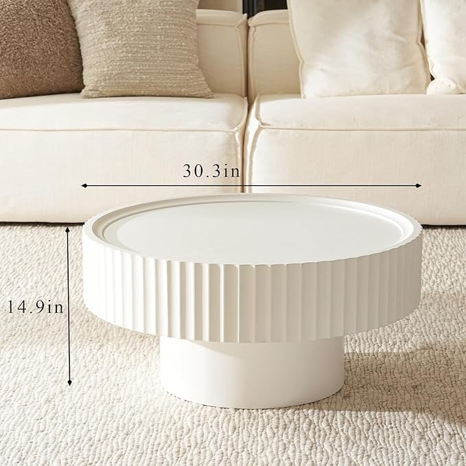 Round Coffee Table with Storage, 30.3” Fluted Drum Modern Living Room Table, Circle Wood White Center Tables, Accent Mushroom Shape Coffee Tables for Living Room, Apartment(30.3''L×13.7''H)