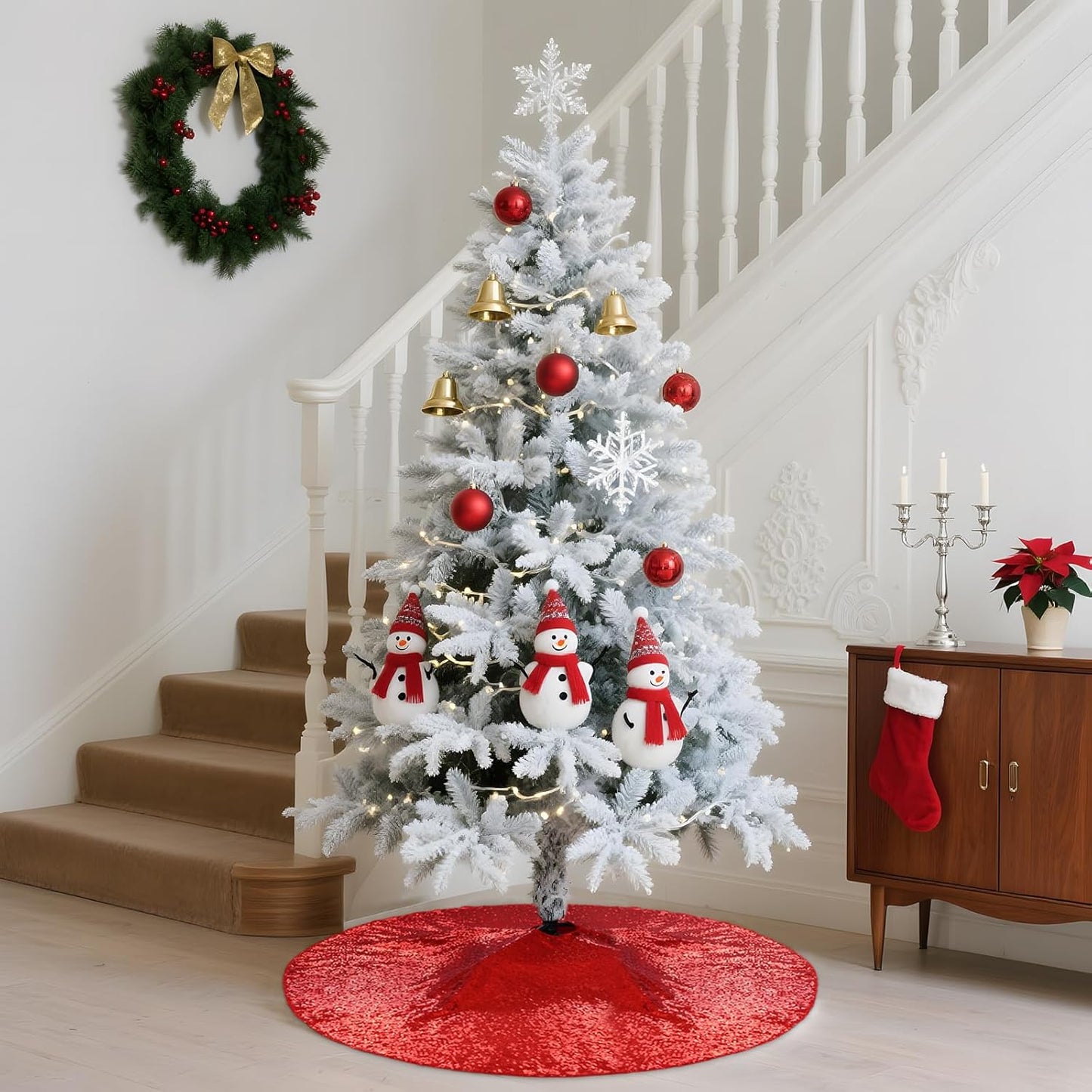Eternal Beauty Christmas Tree Skirt, 24 Inch Red Sequin Tree Skirt Small Xmas Tree Skirt for Christmas Tree Decorations