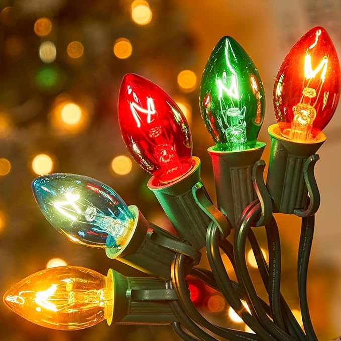 Minetom 25ft C7 Multicolor Christmas String Light Set, Vintage Christmas Tree Lights with 25 Bulbs, Outdoor Roofline String Lights for Patio Garden Holiday Indoor Wedding Home Decorating, Green Wire