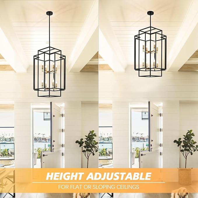 WJShome 8-Lights Farmhouse Chandelier, Modern Foyer Lighting Fixtures, Large Chandeliers for High Ceilings, Black and Gold Tiered Lantern Pendant Light, for Living Room, Staircase, Entryway