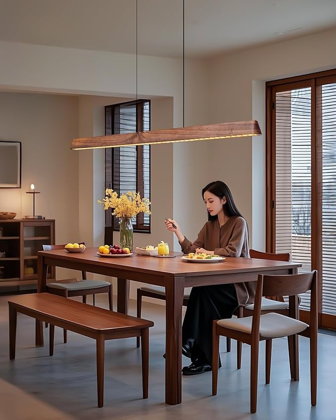 45" Wood Linear Pendant Light, Dimmable Kitchen Island Lighting with Remote, 30W LED Island Lights for Kitchen, Adjustable Linear Chandelier for Dinning Room Light Fixture, Bar, Pool Table - Walnut