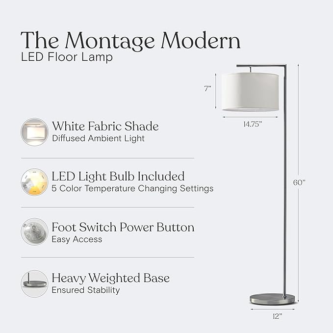 Brightech Montage Modern Floor lamp, LED Floor Lamp for Living Rooms & Offices - Tall Standing Lamp for Bedroom Reading - Corner Pole Lamp for Contemporary Home Decor - Satin Nickel