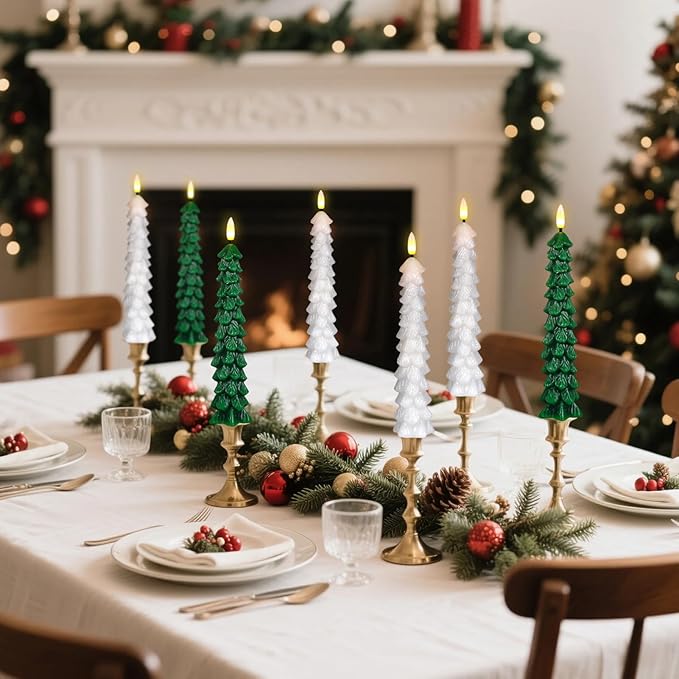 Christmas Tree Candles with Remote Timer, 4 Pcs Waxy Flameless Taper Candles Flickering, Battery Operated LED Candlesticks with 3D Flame Wick, White Window Candle for Christmas Decorations