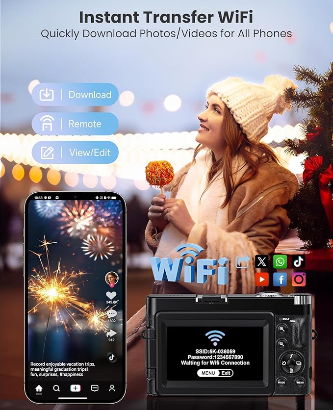4K Digital Camera for Photography, WiFi Autofocus 64MP Vlogging Camera for YouTube, 180° 3" Flip Screen 30FPS Video Cameras with Flash Anti-Shake 16X Zoom 32GB Card, Compact Travel Digital Camera