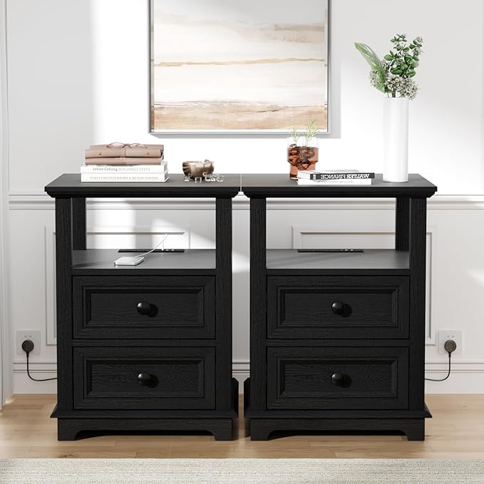 End Table with Fast Charging Station Set of 2, 18" Wide Sofa Side Table with Drawers, Large Storage Rustic Wood Square Storage Cabinet for Living Room